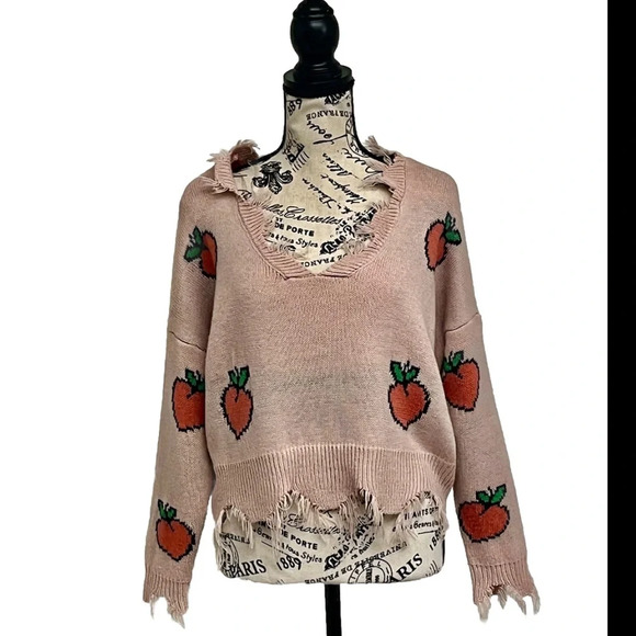 Just Polly Sweater Womens Pink Slouchy Knit Peaches Cropped Fringe M Boxy Boho - Picture 1 of 8
